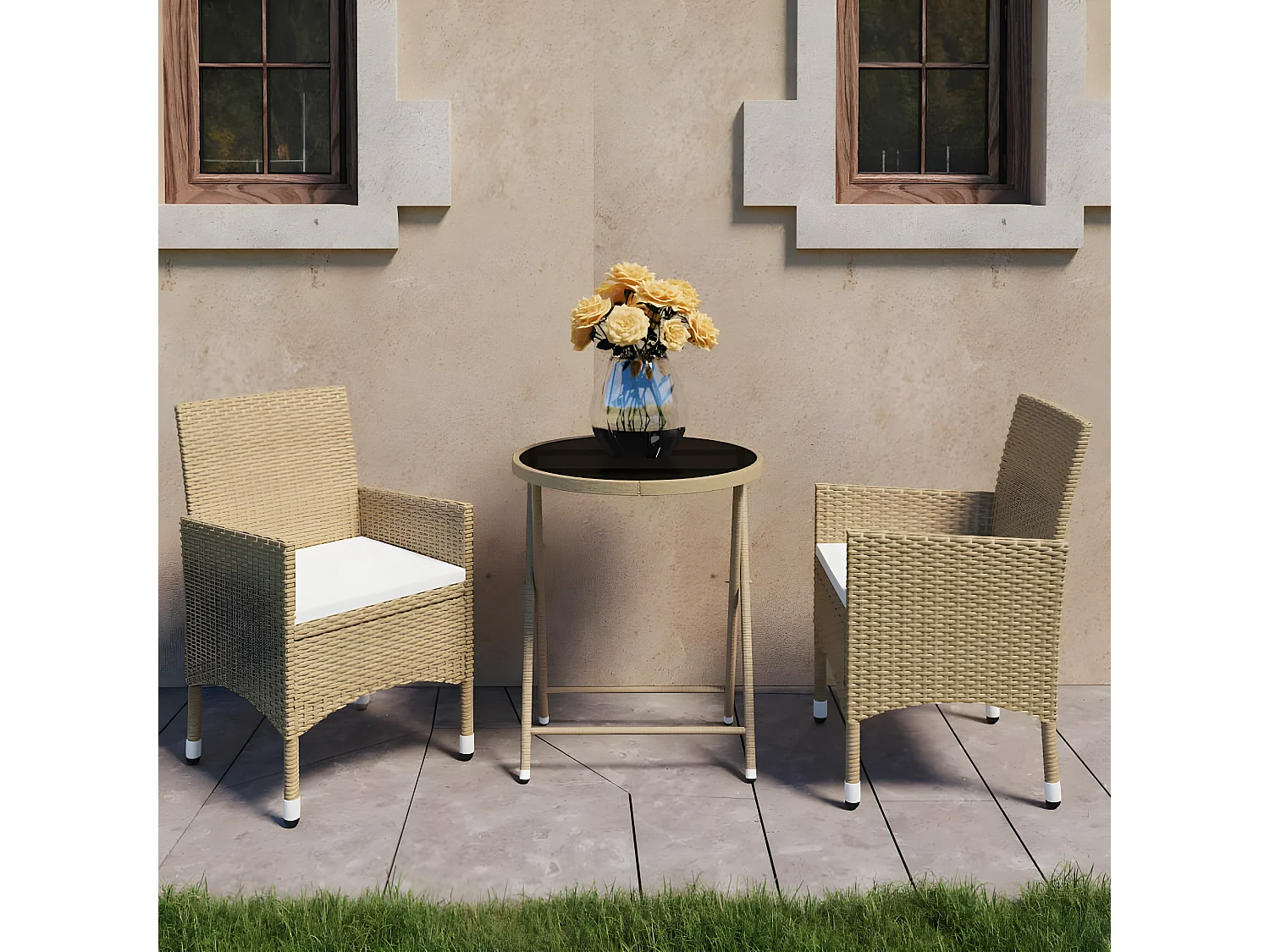 Ensemble de bistro 3 pcs Résine tressée et verre trempé Beige GFDF50689