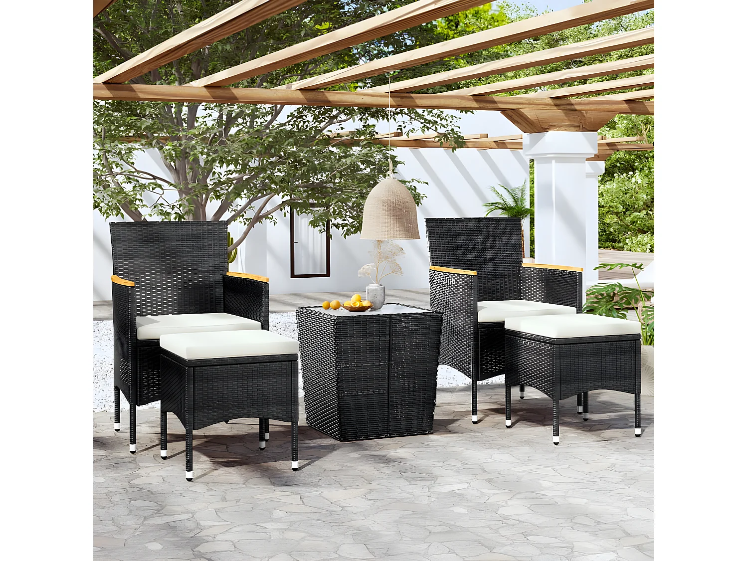 5 pzas Comedor de jardín ratán sintético vidrio templado negro KOW26776