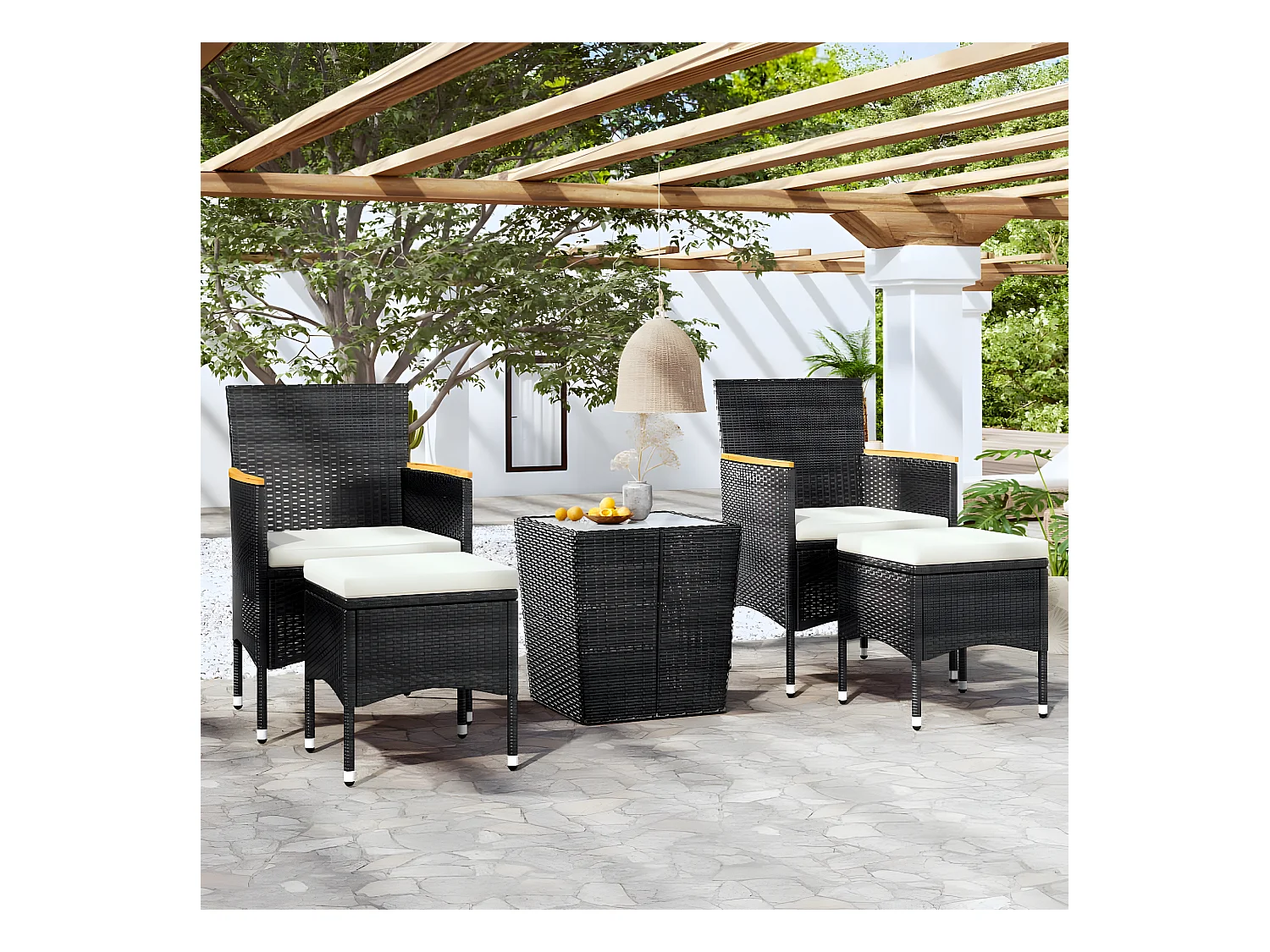 Ensemble de bistro 5 pcs Résine tressée et verre trempé Noir GFDF55078