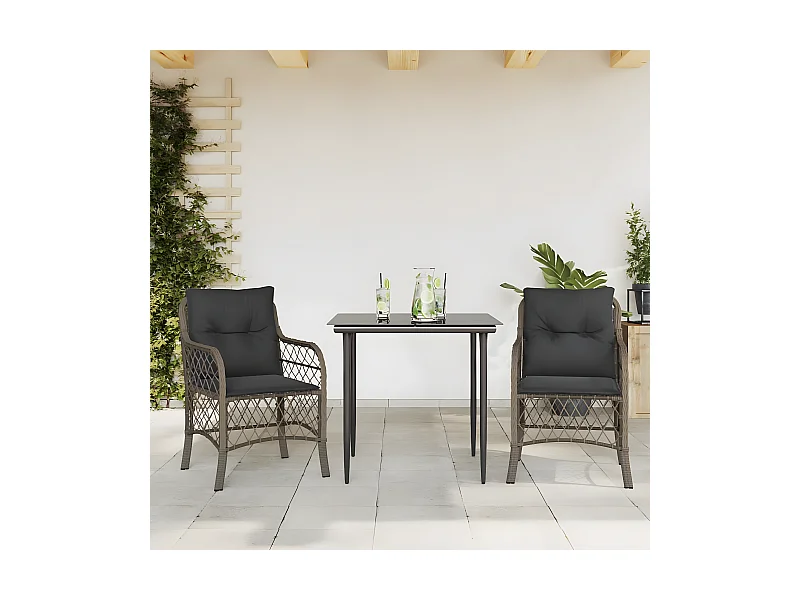 3 pcs conjunto bistrô com almofadões vime PE cinza PT410911