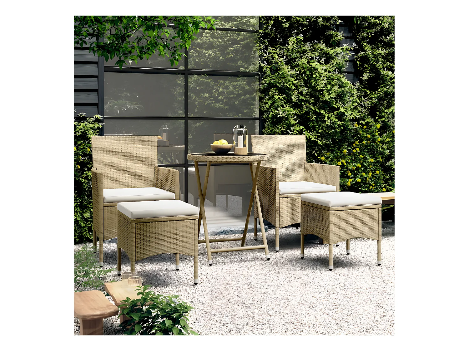 Ensemble de bistro 5 pcs Résine tressée et verre trempé Beige GFDF13560