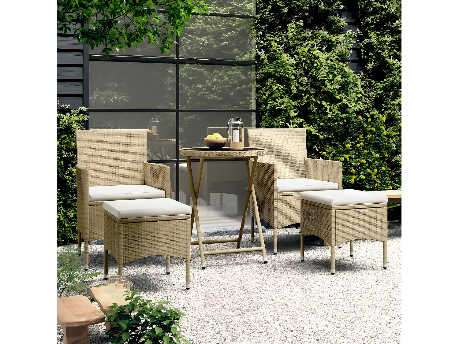 Ensemble de bistro 5 pcs Résine tressée et verre trempé Beige GFDF13560