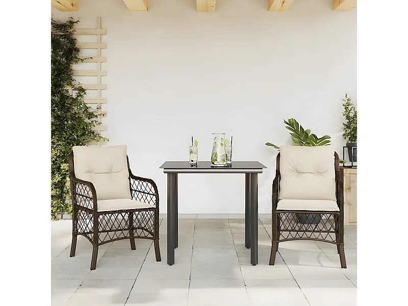 3 pcs conjunto bistrô com almofadões vime PE castanho PT503461