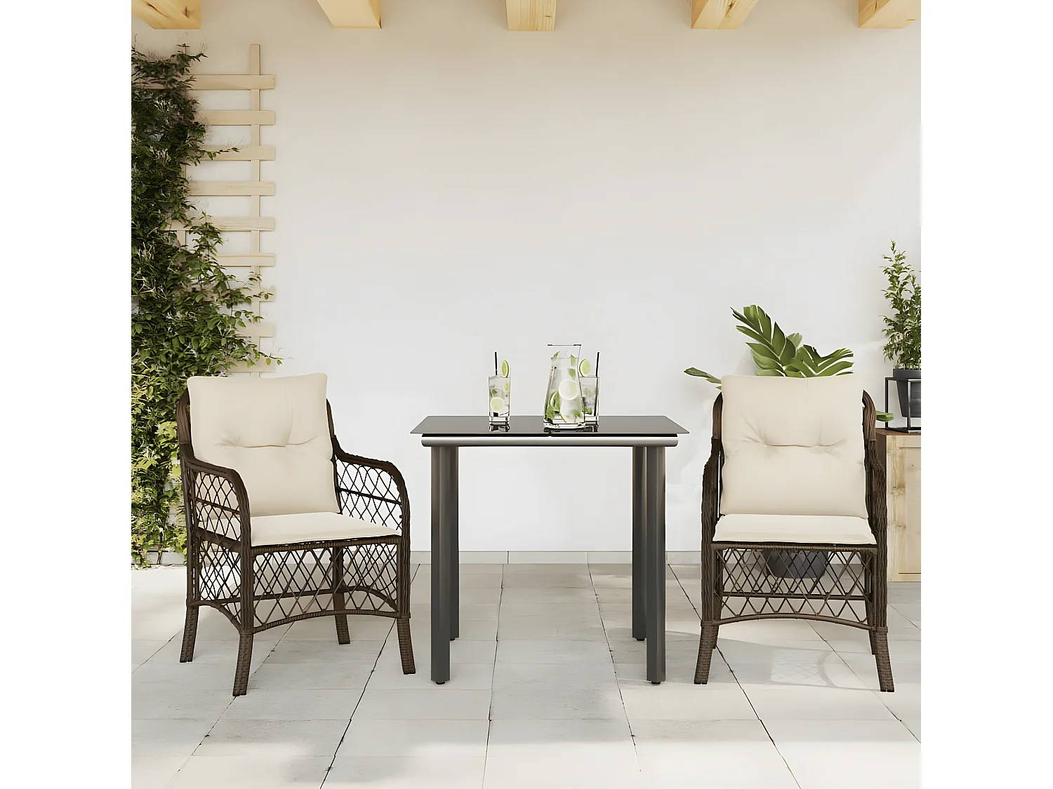 Ensemble de bistro 3 pcs avec coussins marron résine tressée GFDF63067