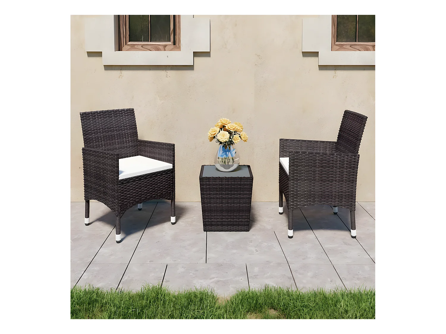 Ensemble de bistro 3 pcs Résine tressée et verre trempé Marron GFDF11401