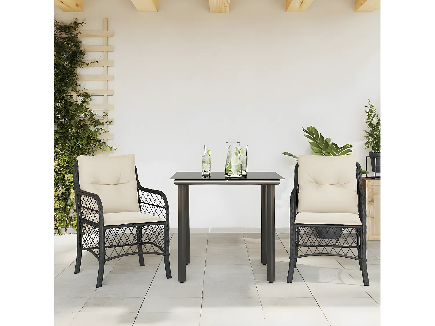 Ensemble de bistro 3 pcs avec coussins noir résine tressée GFDF81825