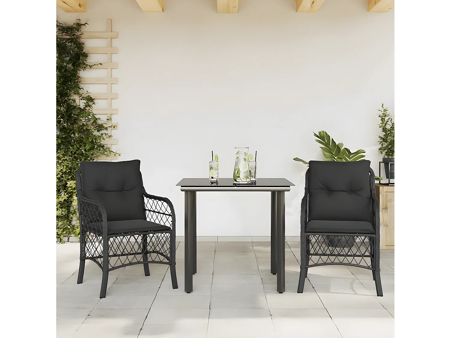 Ensemble de bistro 3 pcs avec coussins noir résine tressée GFDF58447