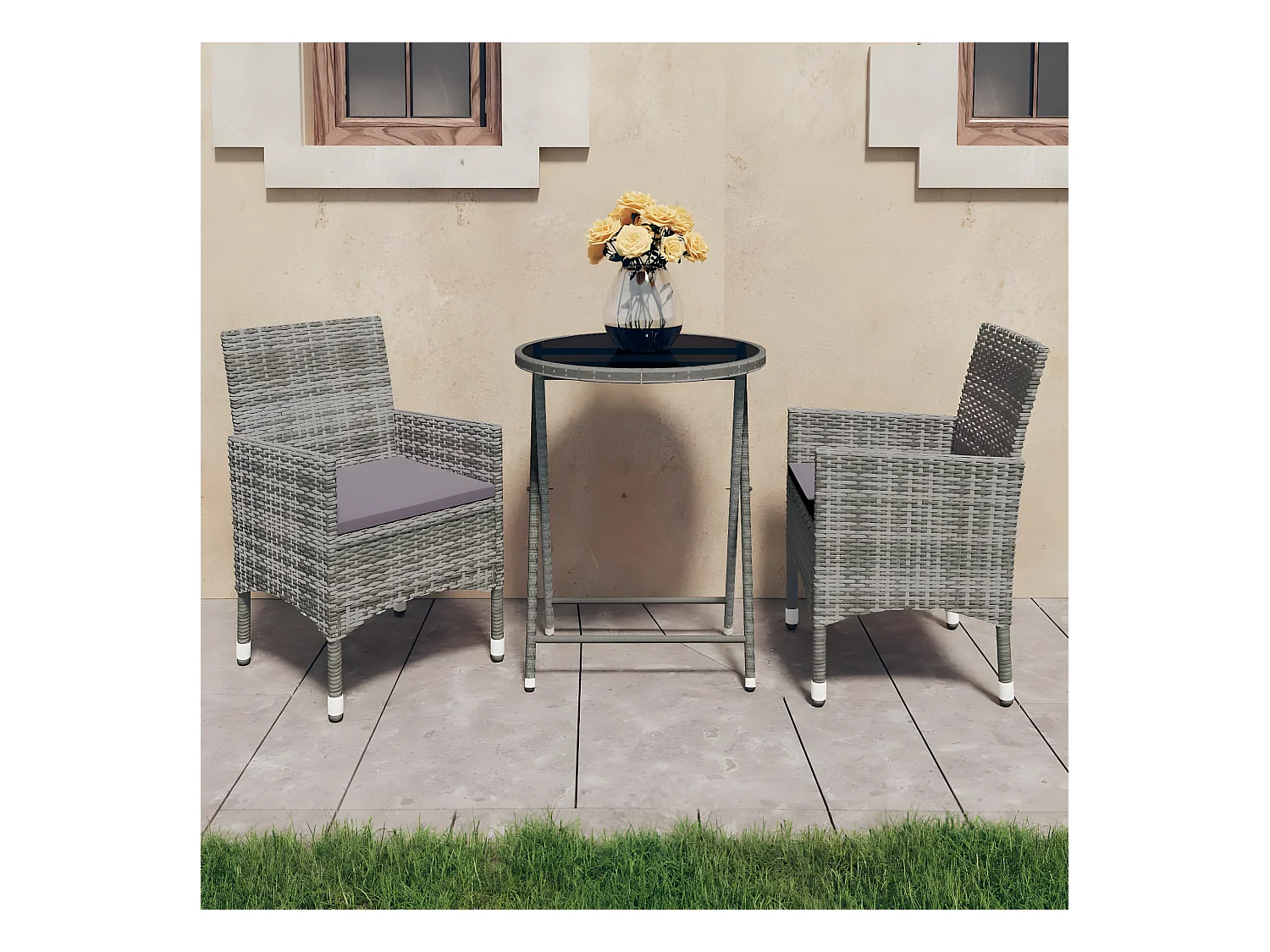 Ensemble de bistro 3 pcs Résine tressée et verre trempé Gris GFDF20907