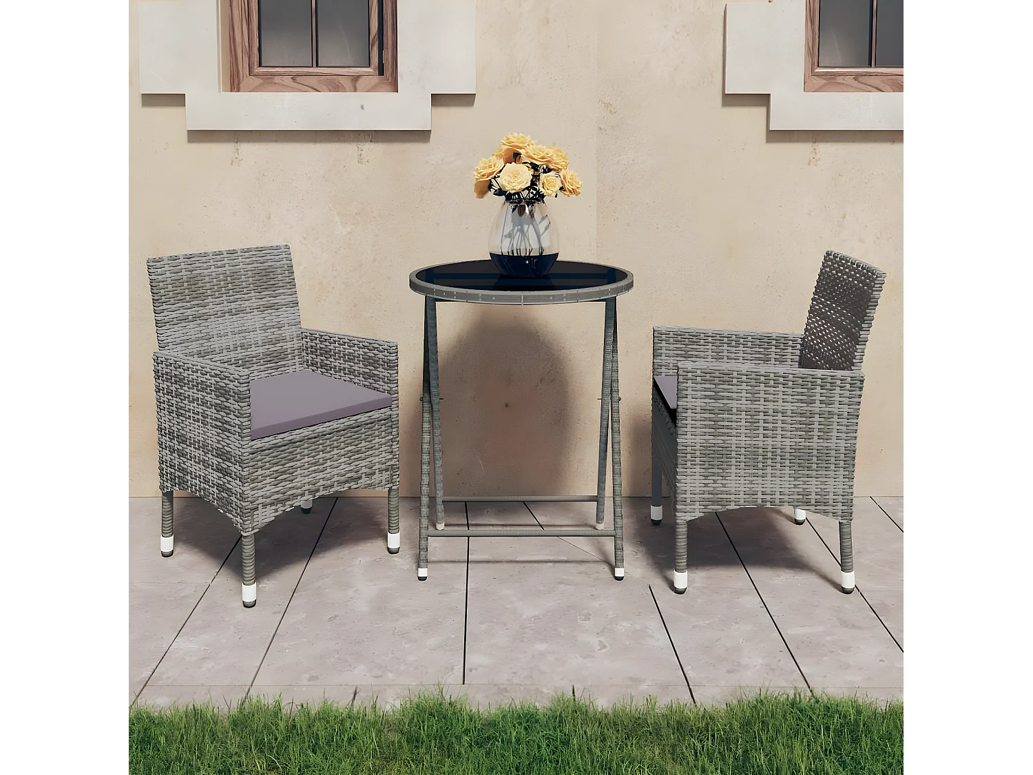3 pzas Comedor de jardín pzs ratán sintético vidrio templado gris KOW75568