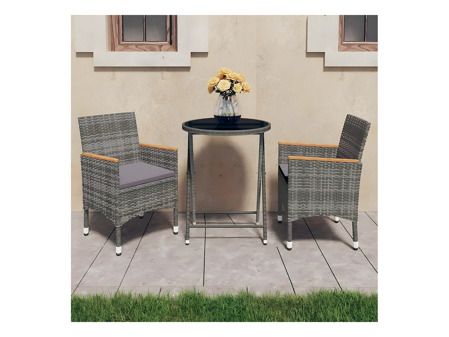Ensemble de bistro 3 pcs Résine tressée et verre trempé Gris GFDF78479