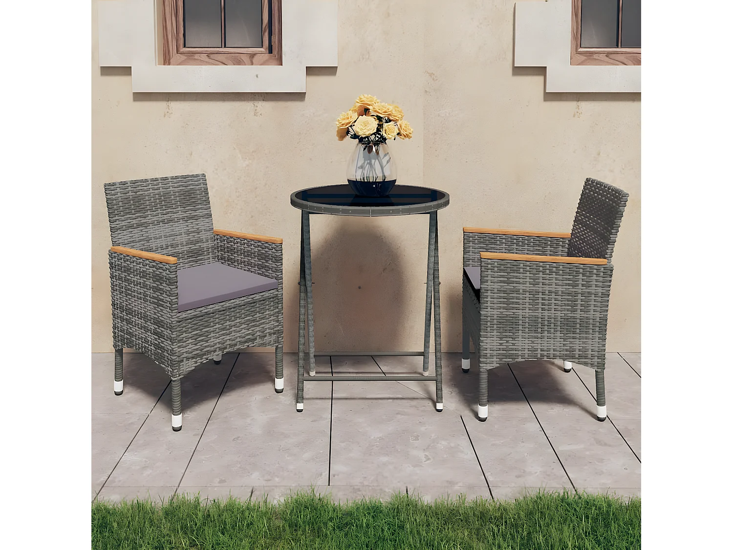 Ensemble de bistro 3 pcs Résine tressée et verre trempé Gris GFDF78479