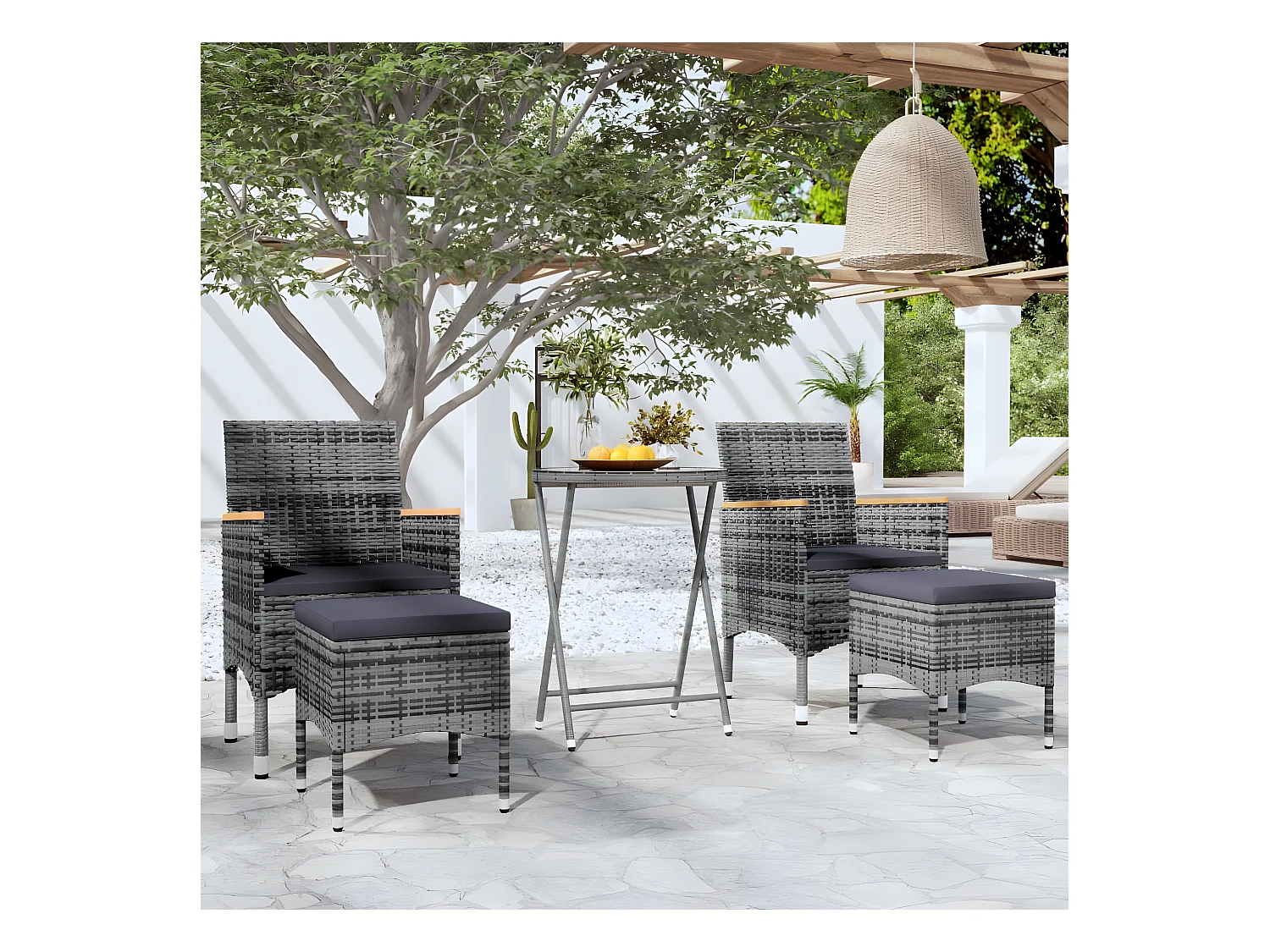 5 pcs conj. bistrô de jardim vime PE e vidro temperado cinzento PT283610