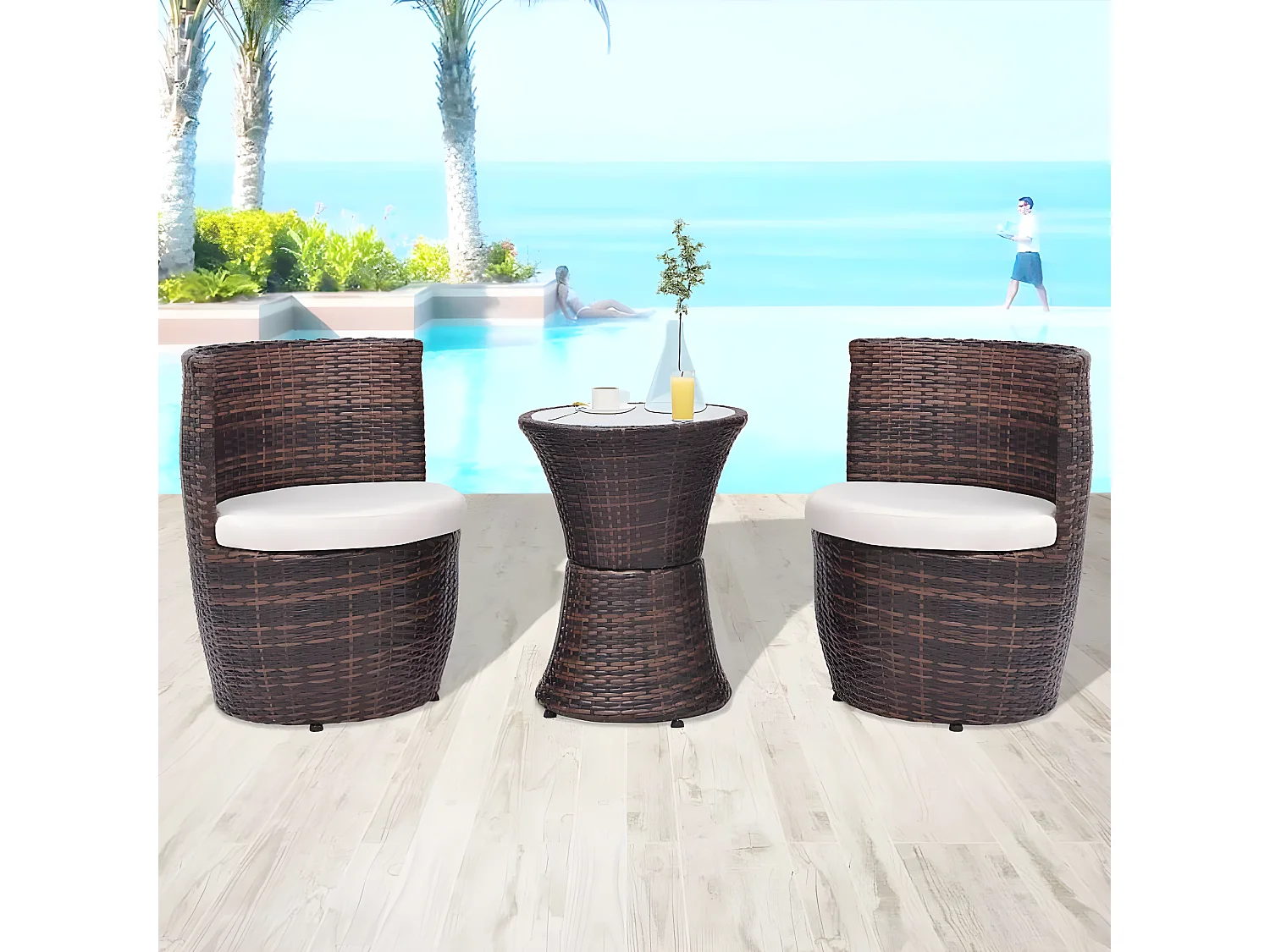 3 pcs conjunto bistrô com almofadas vime PE castanho PT603759