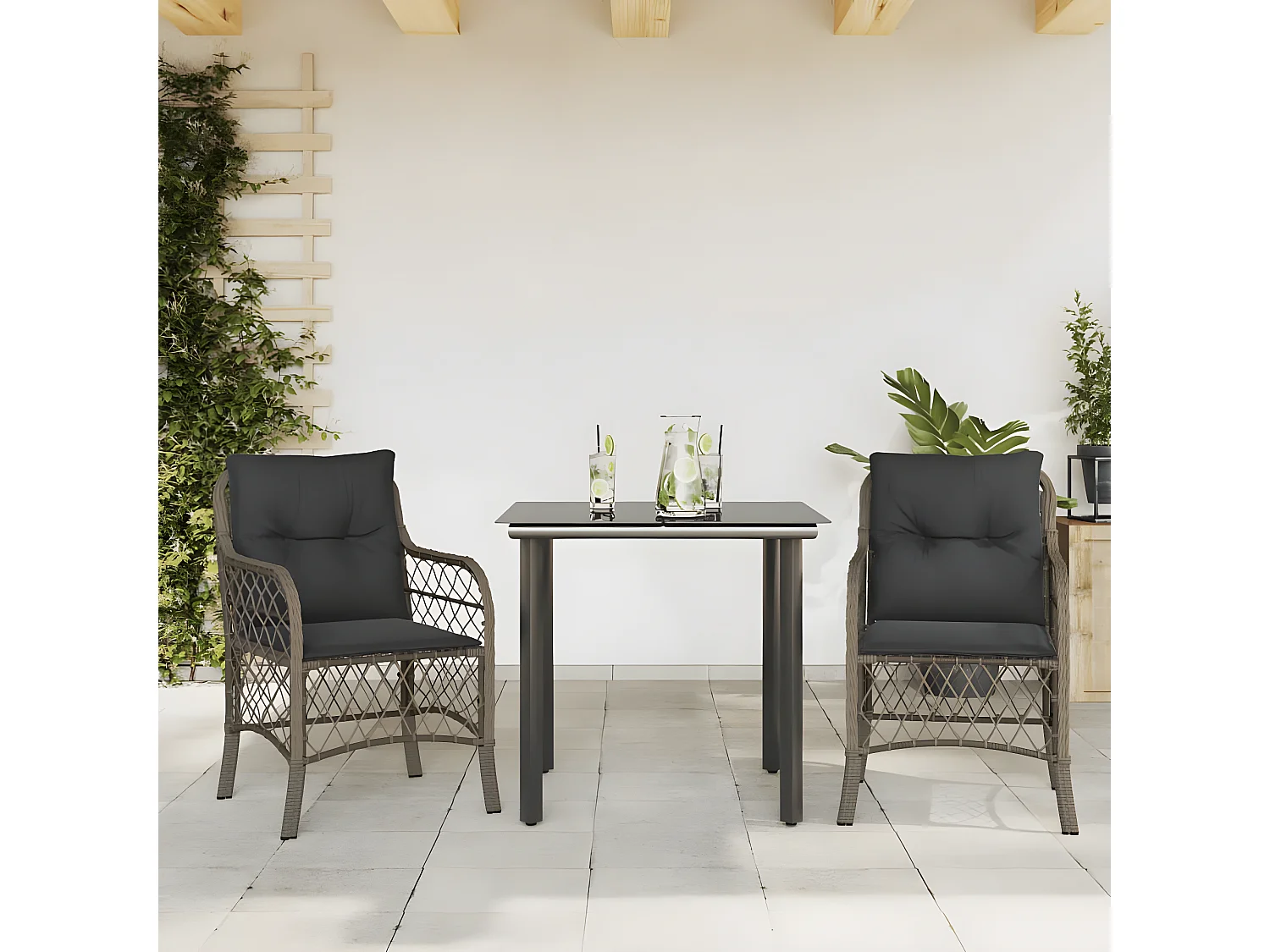 3 pzas Comedor de jardín con cojines ratán PE gris KOW88106