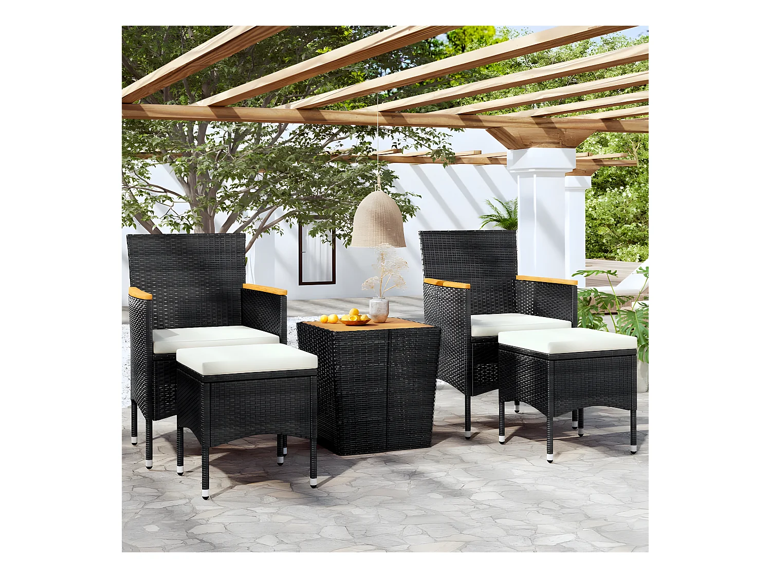 5-delige Bistroset poly rattan en massief acaciahout zwart NL991753
