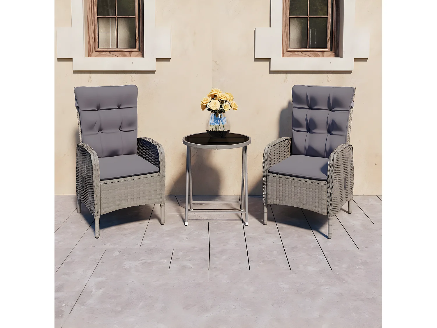 3-delige Bistroset poly rattan en glas grijs NL216133
