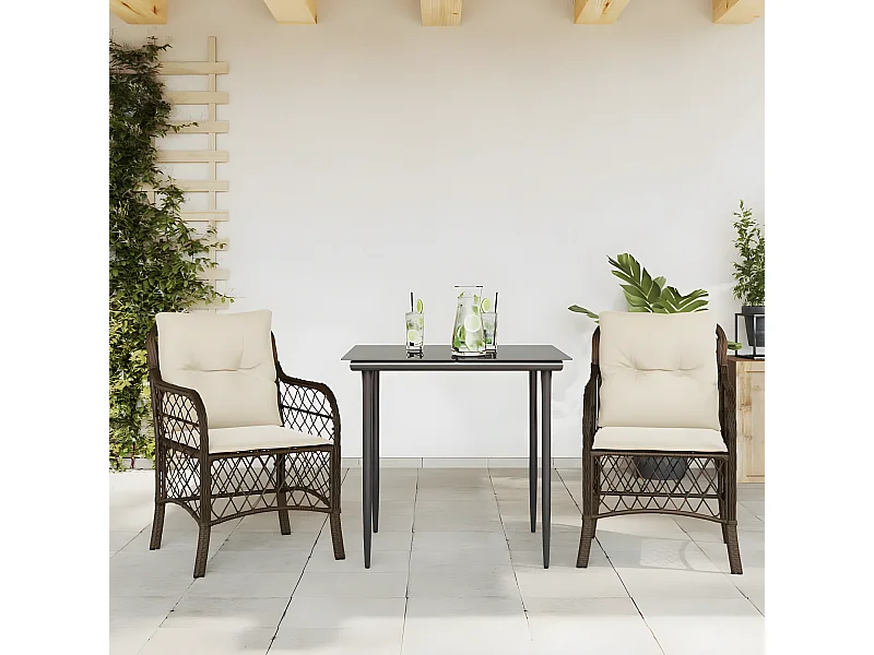 3 pcs conjunto bistrô com almofadões vime PE castanho PT386934