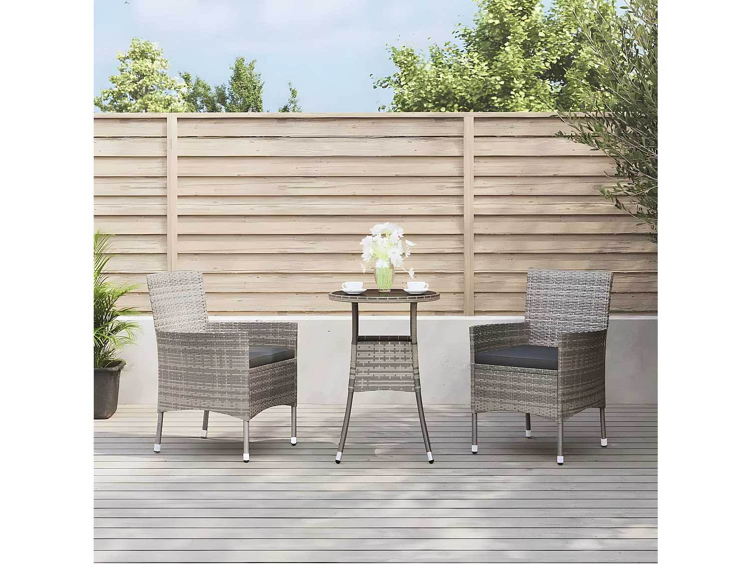 3 pzas Comedor de jardín y cojines ratán sintético gris KOW21569