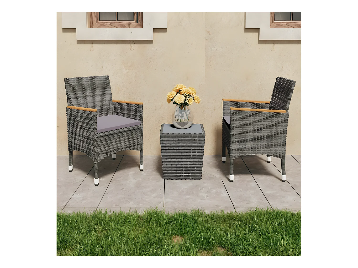 Ensemble de bistro 3 pcs Résine tressée et verre trempé Gris GFDF47576