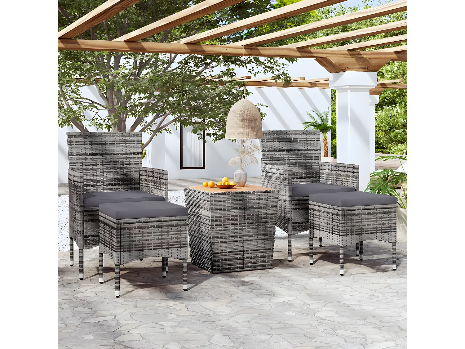 5 pzas Comedor de jardín ratán sintético madera acacia gris KOW54585