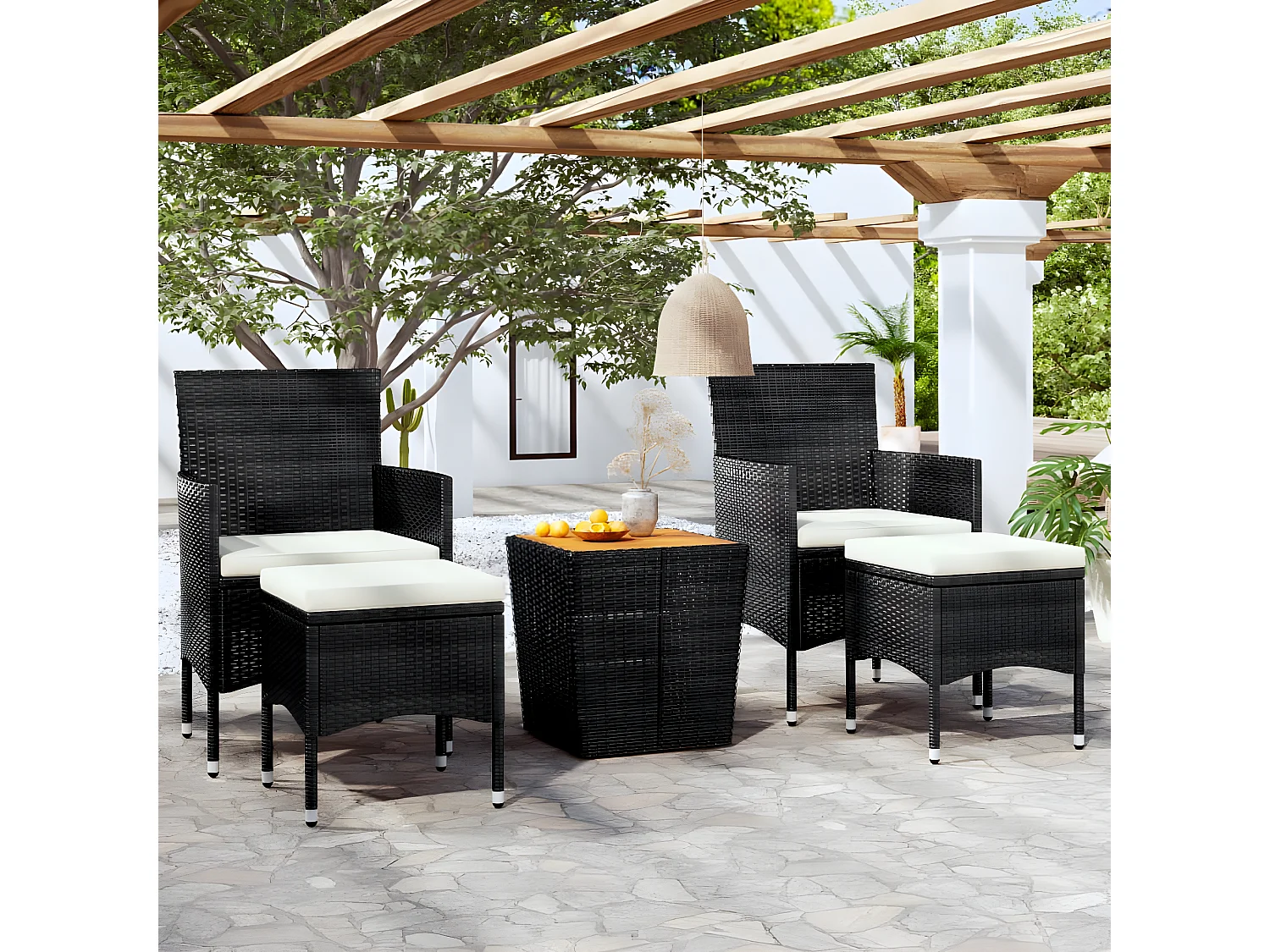 Ensemble de bistro de jardin 5pcs Résine tressée et acacia Noir GFDF38355