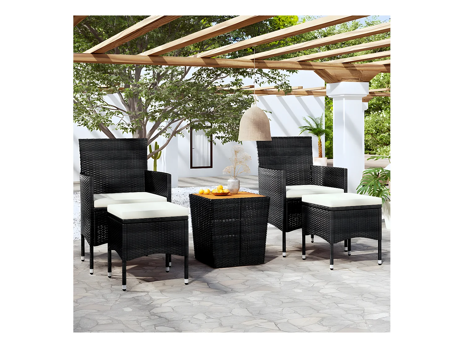 5-delige Bistroset poly rattan en massief acaciahout zwart NL307047