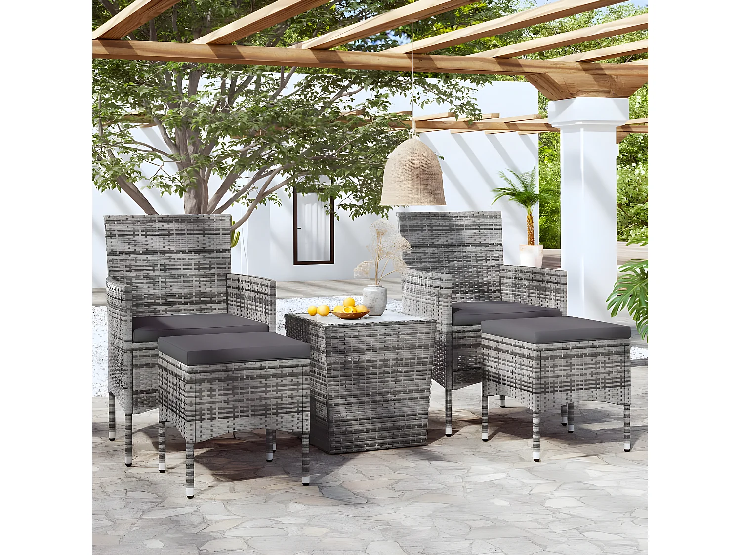 Ensemble de bistro 5 pcs Résine tressée et verre trempé Gris GFDF19761