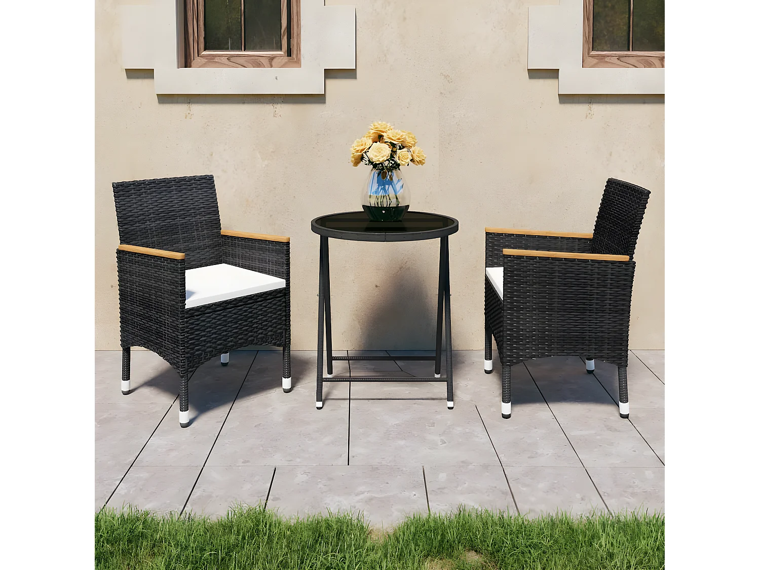 Ensemble de bistro 3 pcs Résine tressée et verre trempé Noir GFDF57438