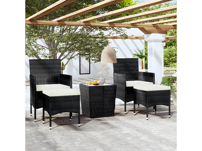 5 pzas Comedor de jardín ratán sintético vidrio templado negro KOW76329