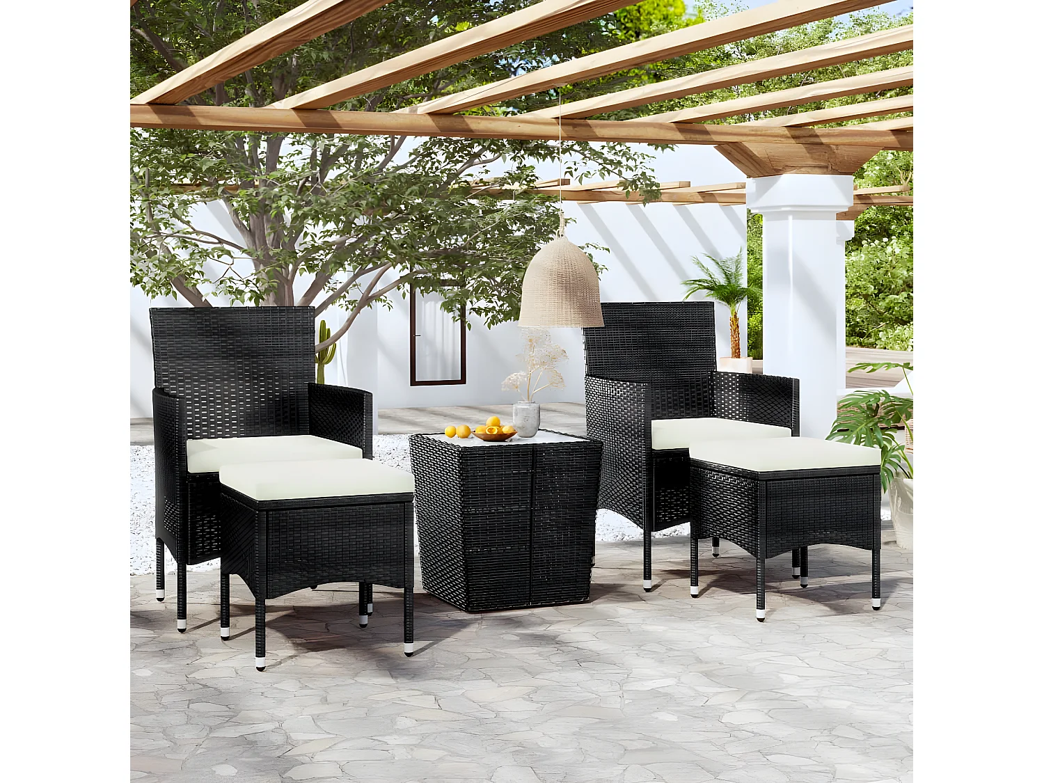 5 pzas Comedor de jardín ratán sintético vidrio templado negro KOW76329