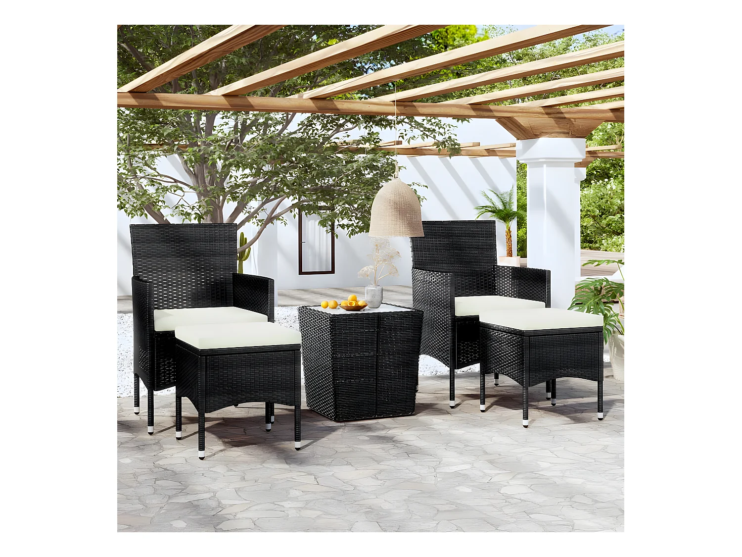 Ensemble de bistro 5 pcs Résine tressée et verre trempé Noir GFDF65526