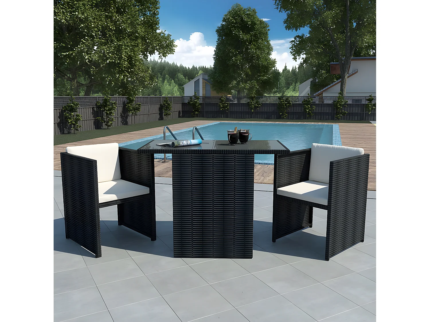 3 pzas Comedor de jardín jardín y cojines poli ratán negro KOW94812