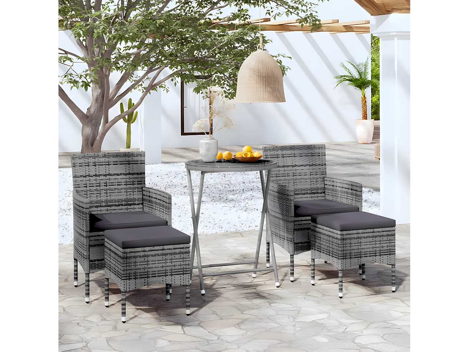 Ensemble de bistro 5 pcs Résine tressée et verre trempé Gris GFDF80406