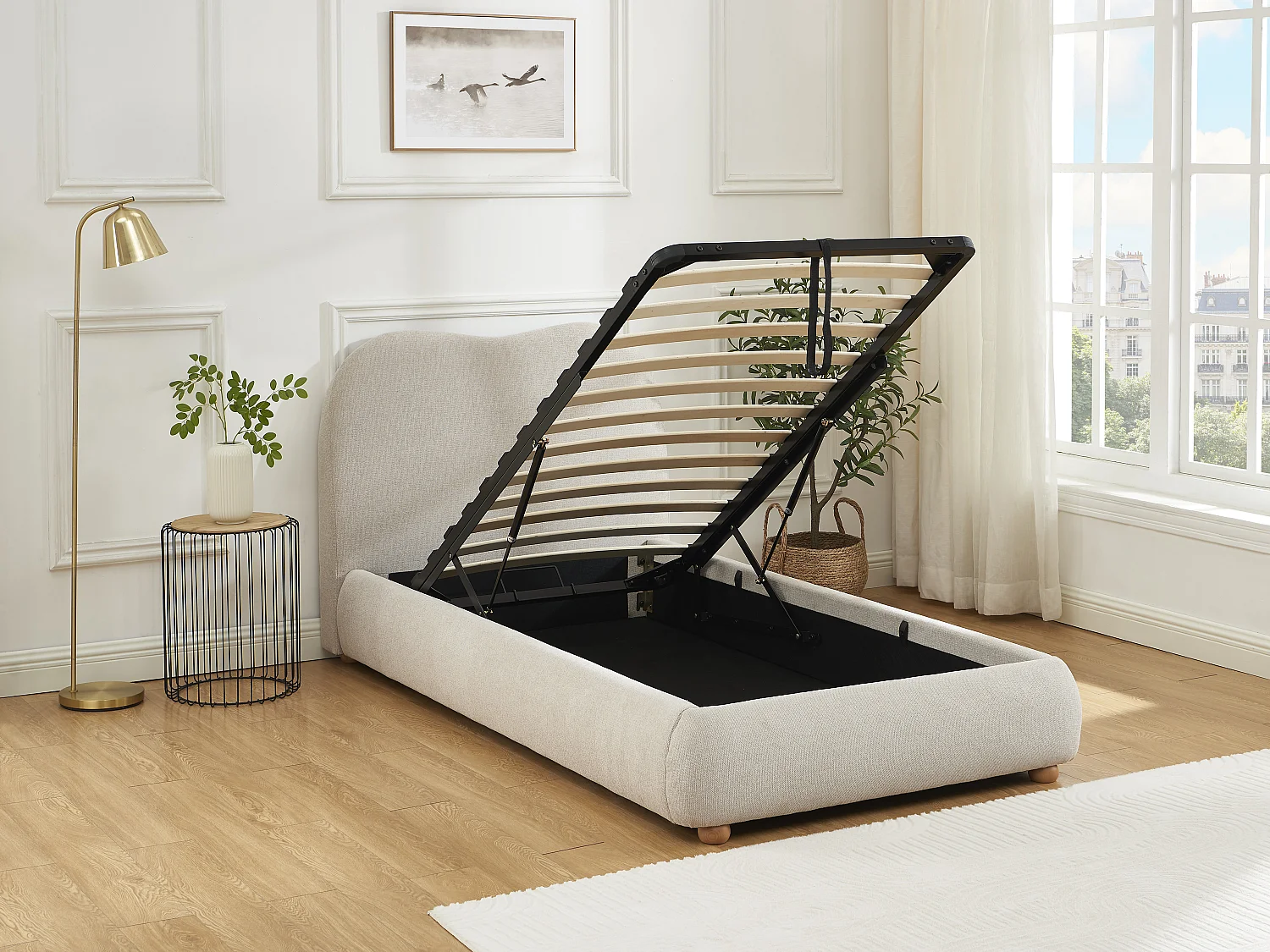 Lit coffre 90 x 190 cm - Tissu - Beige - VANARI