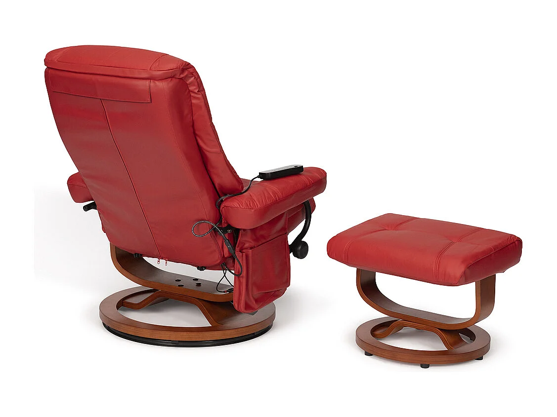 Poltrona reclinável com estrutura de madeira Kemi 7232. Poltrona: 80 x 105 x 90 / 110cm (reclinado). Otomano: 54 x 40 x 40cm. Pele Vermelha.