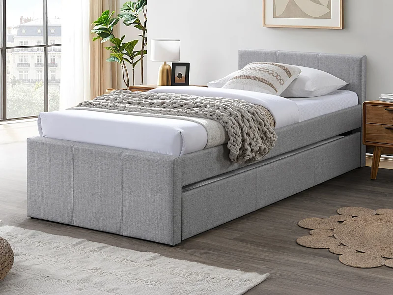 Lit gigogne 90 x 190 cm - Tissu - Gris - DORITALO