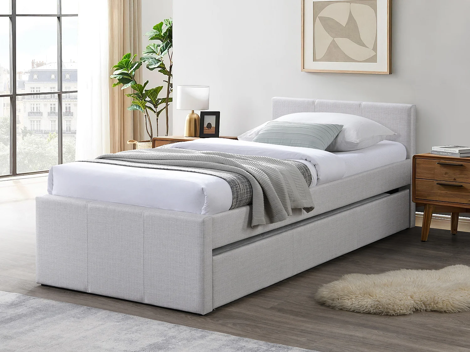 Lit gigogne 90 x 190 cm - Tissu - Beige - DORITALO