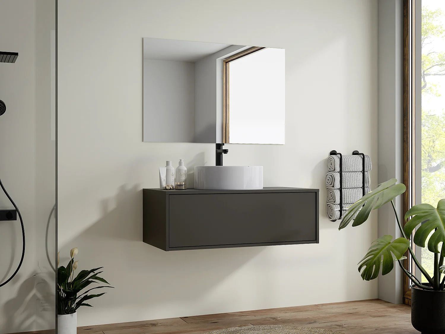 Meuble de salle de bain suspendu gris anthracite avec simple vasque ronde - 94 cm - TEANA II
