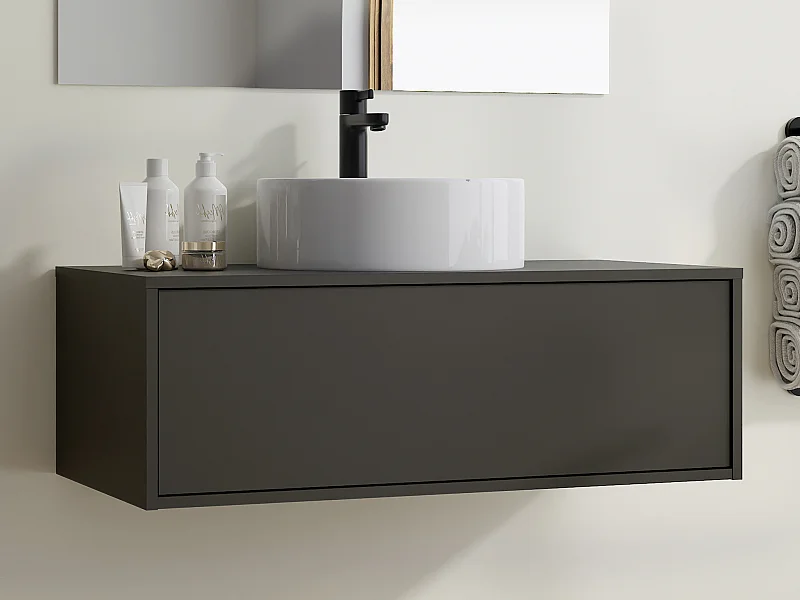 Meuble de salle de bain suspendu gris anthracite avec simple vasque ronde - 94 cm - TEANA II