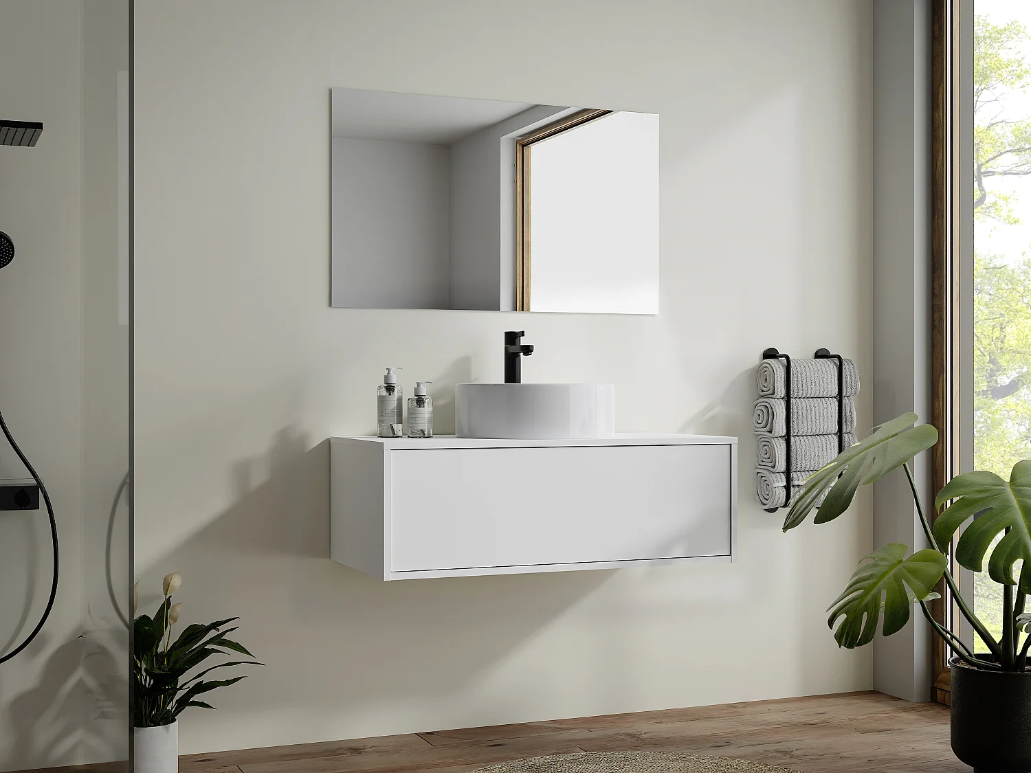 Meuble de salle de bain suspendu blanc avec simple vasque ronde - 94 cm - TEANA II