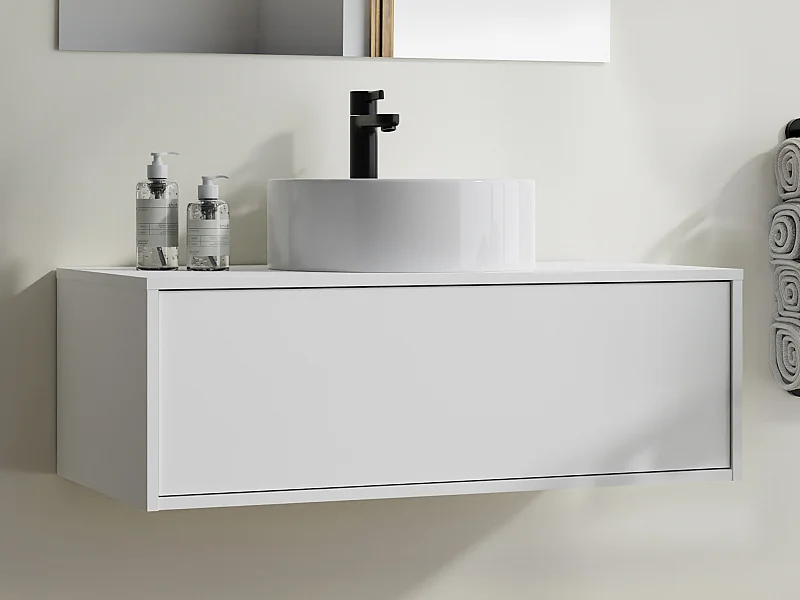 Wit hangend badkamermeubel met enkele ronde wastafel - 94 cm - TEANA II