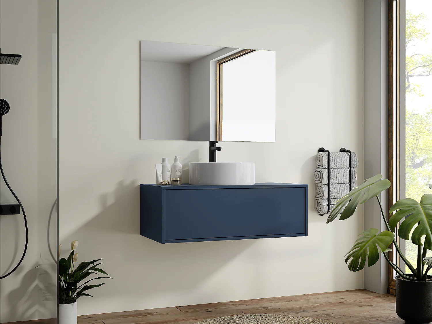 Meuble de salle de bain suspendu coloris bleu nuit avec simple vasque ronde - 94 cm - TEANA II