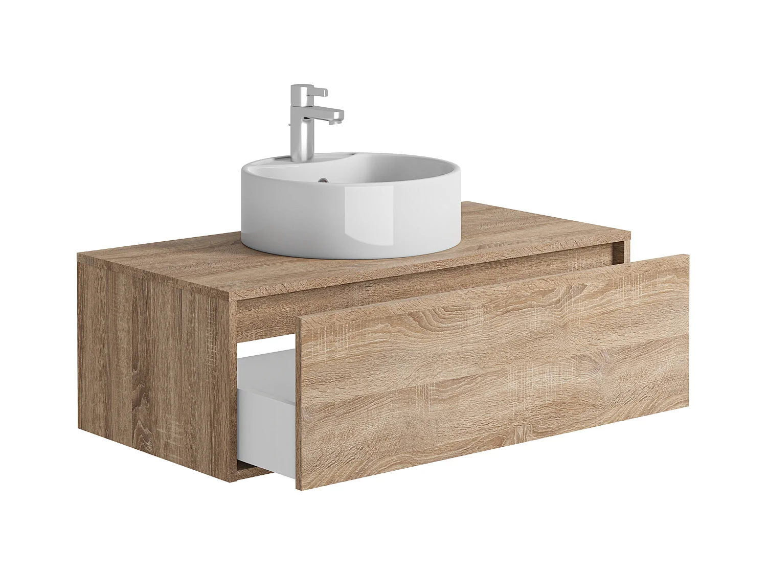 Meuble de salle de bain suspendu coloris naturel clair avec simple vasque ronde - 94 cm - TEANA II
