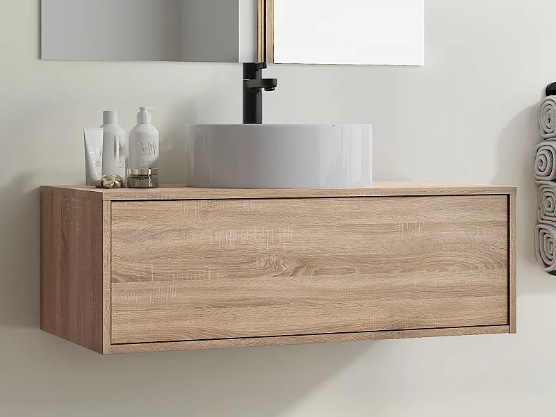 Waschbeckenunterschrank hängend mit rundem Einzelwaschbecken - Holzfarben hell - 94 cm - TEANA II