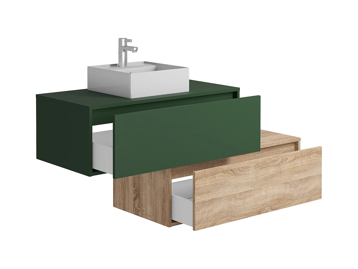 Meuble de salle de bain suspendu vert et naturel clair avec simple vasque carrée et deux tiroirs - 94 cm - TEANA II