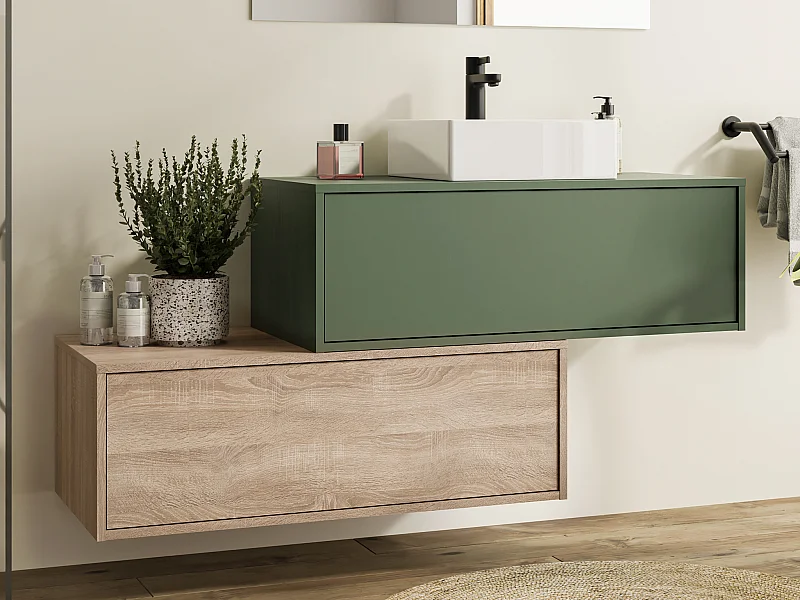 Mobile per bagno sospeso con lavabo singolo quadrato e due cassetti 94 cm Verde e Naturale chiaro - TEANA II