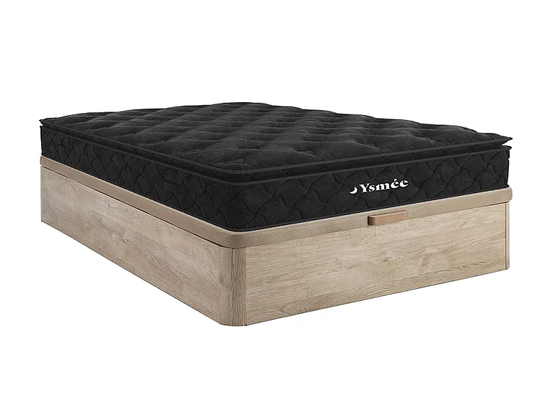 Ensemble 140 x 190 cm sommier coffre naturel clair + matelas ressorts ensachés surmatelas intégré ép.28cm - BLACK DREAM de YSMÉE