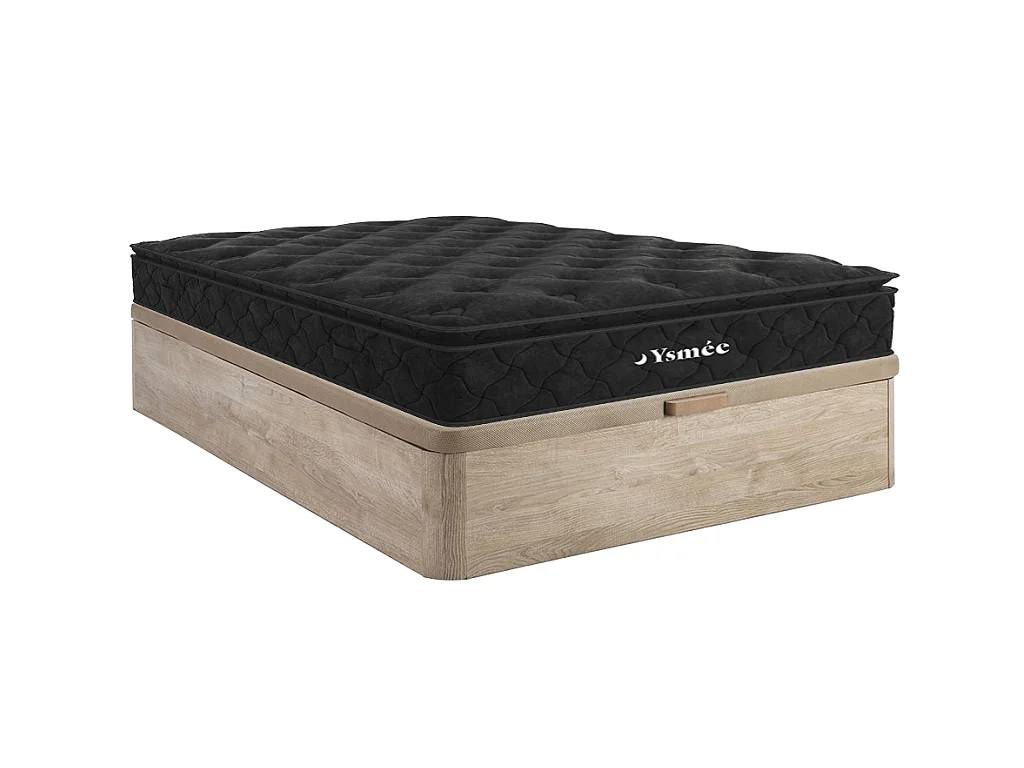 Ensemble 140 x 190 cm sommier coffre naturel clair + matelas ressorts ensachés surmatelas intégré ép.28cm - BLACK DREAM de YSMÉE