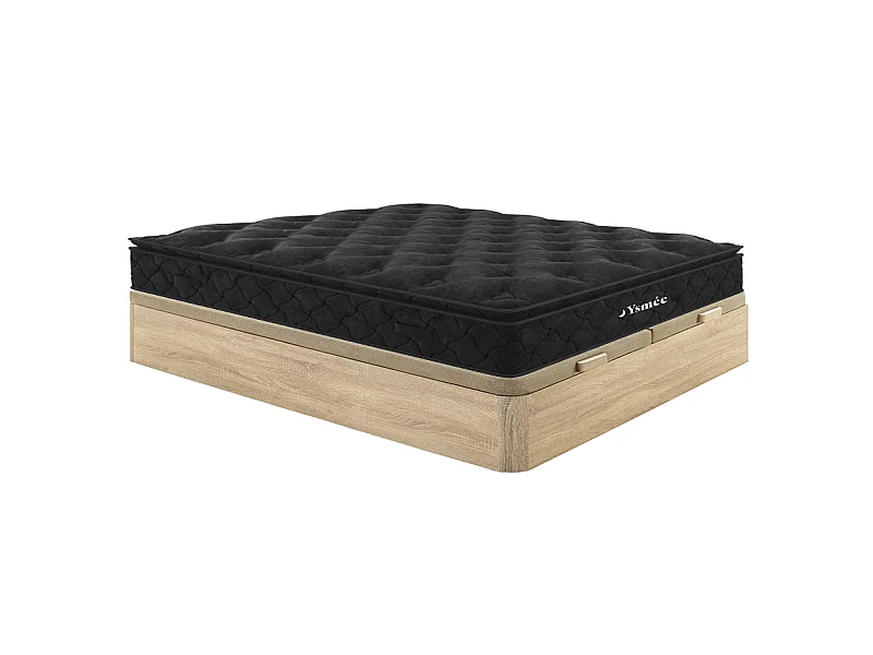 Ensemble 180 x 200 cm sommier coffre naturel clair + matelas ressorts ensachés surmatelas intégré ép.28cm - BLACK DREAM de YSMÉE