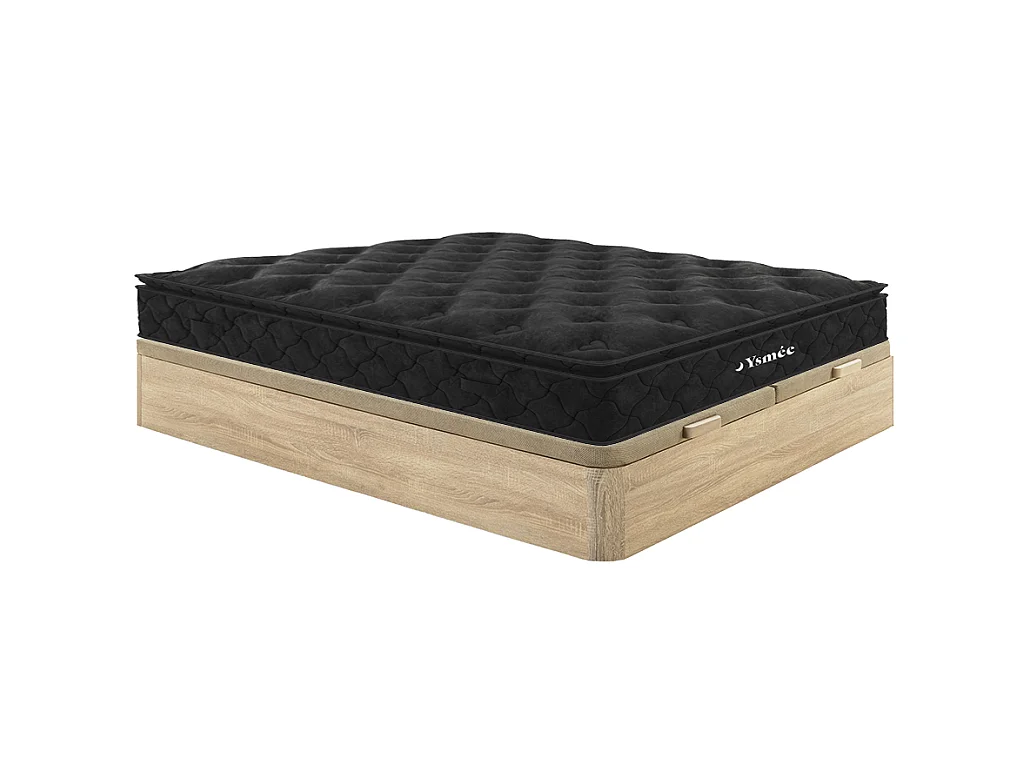 Ensemble 180 x 200 cm sommier coffre naturel clair + matelas ressorts ensachés surmatelas intégré ép.28cm - BLACK DREAM de YSMÉE